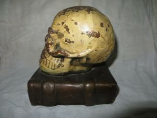 SINGLE Antique Bronze - Clad Skull and Grimoire Bookend by Armor Bronze circa 1922 2