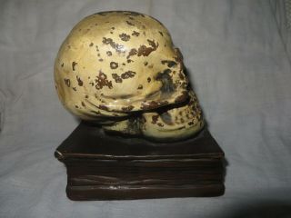 SINGLE Antique Bronze - Clad Skull and Grimoire Bookend by Armor Bronze circa 1922 4