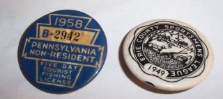 Vintage Pennsylvania Fishing License,  1958 Five Day Tourist & 1949 Erie Co.  Pa.