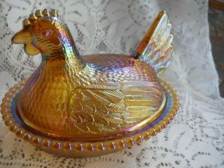 Vintage Carnival Indiana Glass Iridescent Amber Chicken Hen On Nest Candy Dish 2