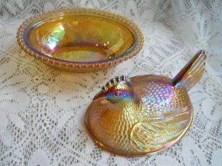 Vintage Carnival Indiana Glass Iridescent Amber Chicken Hen On Nest Candy Dish 3
