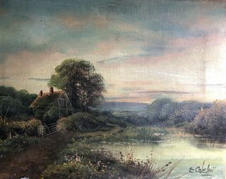 Antique 19th C Oil On Canvas Painting Edwin Cole British Outdoor Landscape 12x9