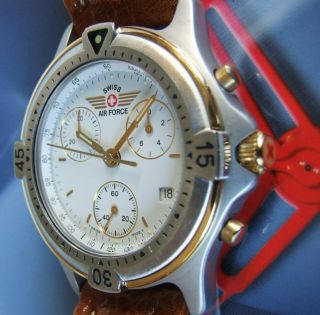 Rare Men Swiss Air Force Gold Tt Chronograph Army 9 Go Leather 4 Parts
