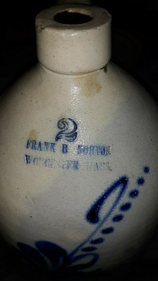 Antique F.  B.  NORTON&Co.  WORCESTER,  MA Stoneware 2 GAL JUG Lrg.  COBALT Blue1858 - 76 2
