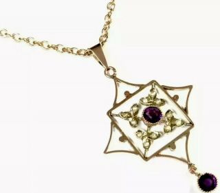 Antique 9ct Rose Gold Amethyst Seed Pearl Lavaliere Pendant 16.  5” Chain Necklace