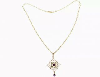 Antique 9ct Rose Gold Amethyst Seed Pearl Lavaliere Pendant 16.  5” Chain Necklace 2