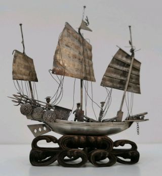 Vtg c1900 Sing Fat Antique Chinese Export Solid 900 Silver War Junk Boat Ship 2