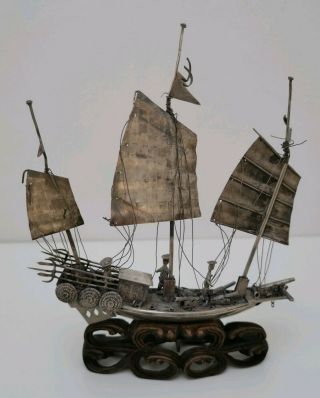 Vtg c1900 Sing Fat Antique Chinese Export Solid 900 Silver War Junk Boat Ship 3