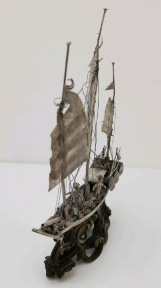 Vtg c1900 Sing Fat Antique Chinese Export Solid 900 Silver War Junk Boat Ship 4