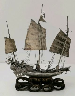Vtg c1900 Sing Fat Antique Chinese Export Solid 900 Silver War Junk Boat Ship 5