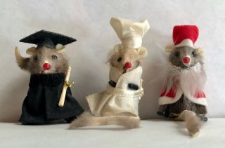Vintage Collectible Russ Real Fur Mice/mouse Figures Graduate,  Chef,  Santa