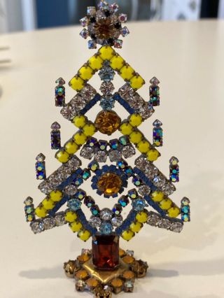 Vintage Czech Yellow Rhinestone Christmas Tree Candles Signed Bijoux Mg