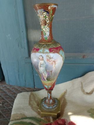 Antique French Artist Signed Painted Cherub Lady Porcelain Champleve Urn Vase
