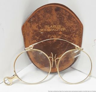 14k Gold Antique Claflin Washington Bifocal Lorgnette Folding Eyeglasses W/ Case