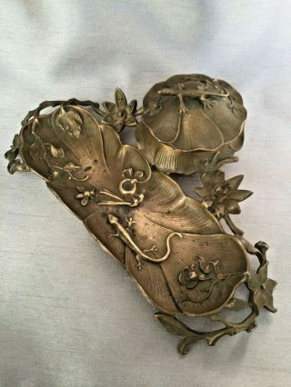 Victorian Gilt Bronze Pond Lily Inkwell And Pen Tray With Newts Lizards & Bees