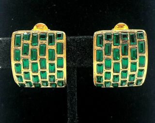 Vintage Signed Nlh Gold Tone & Emerald Green Rhinestone Earrings Clip - On