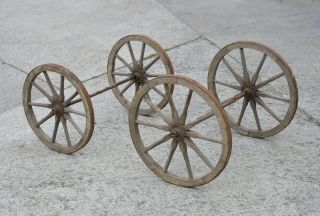 Set Of 4 Old Vintage Wooden Dog / Pony Cart Wheels With Axles - 45 Cm / 50 Cm