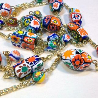Vintage Murano Millefiori Art Glass Floral Bead Italy Necklace - Long Strand