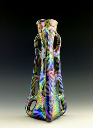 Glamorous Bohemian Art Deco Jugendstil Iridescent Glass Vase Tall 10 1/2