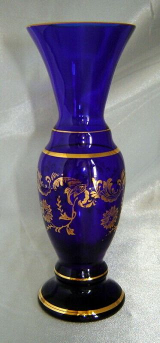 Vintage Cobalt Blue Miniature Glass Bud Vase With Gold Trim,  Florals (6 " Tall)