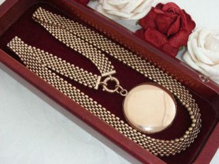 Wide C1890 Antique Victorian 10k Rose Gold Gf Mesh Chain Necklace & 14kgf Locket