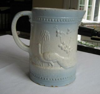 Early Peacock At The Fountain Pitcher - - Blue & White Stoneware - Antique - Salt Glaze