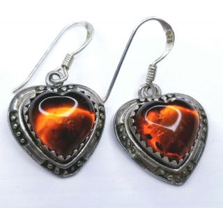 Vintage Baltic Amber Heart Earrings 925 Sterling Silver Dangle 1 " Heart.  5 X.  5 "