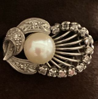 Antique Vintage Art Deco Palladium Pearl Diamonds Filigree Cocktail Ring 5 &3/4