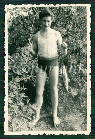 Young Man W Fish In Underwear Vintage Photo
