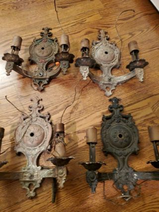 Antique 1920s Set Of 4 Ornate Cast Iron Wall Sconces Gothic Style