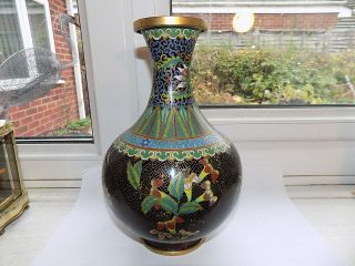 Vintage Chinese Cloisonne Vase Decorated With Unusual Exotic Flowers 22 Cm Tall