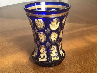 Antique Moser Czech Bohemian Blue Glass Hand Painted Gold Gild Vase Goblet