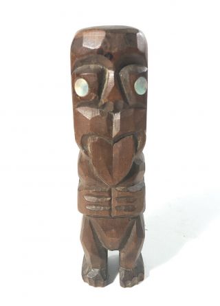 Vintage Hand Carved Maori Hawaian Tiki Bar 6” Wood Totem Guy Statue,  Paua Eyes.
