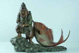 Oct096 Japanese Antique Bronze Ebisu God Sea Bream Statue Figure Box