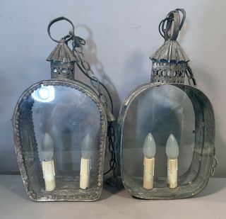 Pair (2) Antique 19thc Victorian Primitive Old Tinware Hanging Lantern Tin Lamp