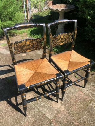 2 Vintage L.  Hitchcock Chairs Harvest Turtle Back Rush Bottom Black Side Chairs