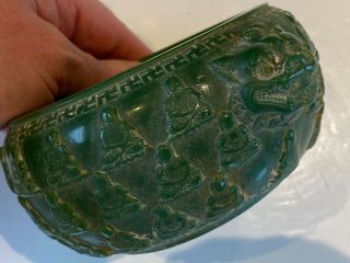 Rare Cavred Antique Chinese Jade Bowl With Buddhas And Character Poem