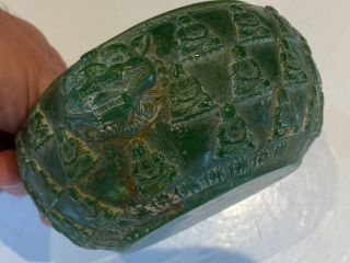 RARE CAVRED ANTIQUE CHINESE JADE BOWL WITH BUDDHAS AND CHARACTER POEM 2
