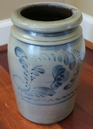 Antique Salt Glazed Stoneware Pottery Crock W/ Hand Painted Blue Floral Design