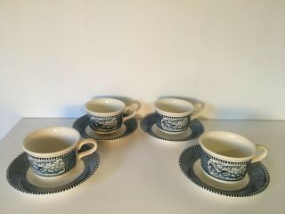 Rare Vintage Royal Currier And Ives Flat Cup and Saucer (Set Of 4) 2