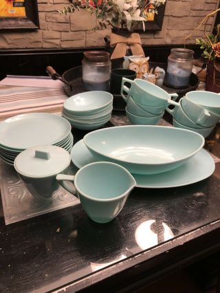 Vtg Lot36 Melmac Aqua Blue Dinnerware Serving Platter Bowl Cups Saucers & Bowles