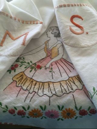 Vintage Victorian Lady Full Size Embroidered Apron Monogram " M S "