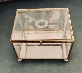 Vintage Etched Glass & Brass Trinket Jewelry Box: Rectangular W Mirror Bottom