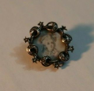 Rare Vintage 1 " Mourning Pin Brooch Picture Photo Frame Jewelry Stars Moons Lady