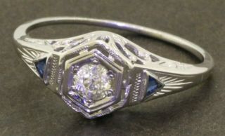 Antique 18k Wg 0.  28ct Diamond & Blue Sapphire Filigree Wedding Ring Size 6.  5