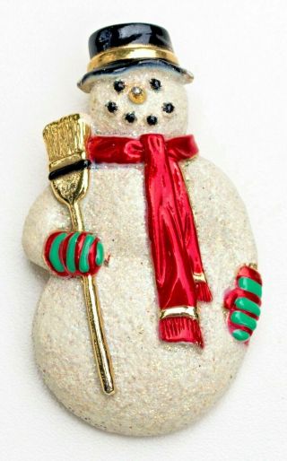 Vintage Ajc Signed Sparkly Enamel Christmas Holiday Snowman Gold Tone Brooch Pin