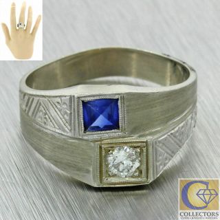1930s Antique Art Deco 14k White Gold.  22ctw Diamond Sapphire Wide Band Ring
