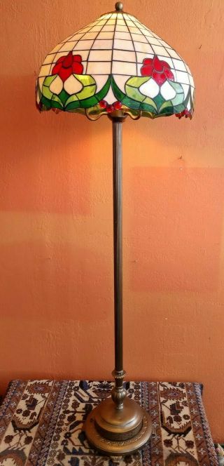 Antique Floor Lamp Tiffany Style Stained Glass Shade Iron Gilded Stand