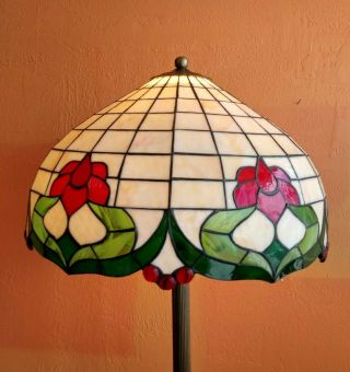 Antique Floor Lamp Tiffany Style Stained Glass Shade Iron Gilded Stand 2