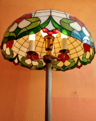 Antique Floor Lamp Tiffany Style Stained Glass Shade Iron Gilded Stand 4